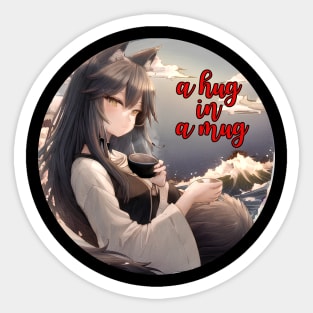 Cute Wolf Girl Drinking Tea with Great Waves on Background Sticker